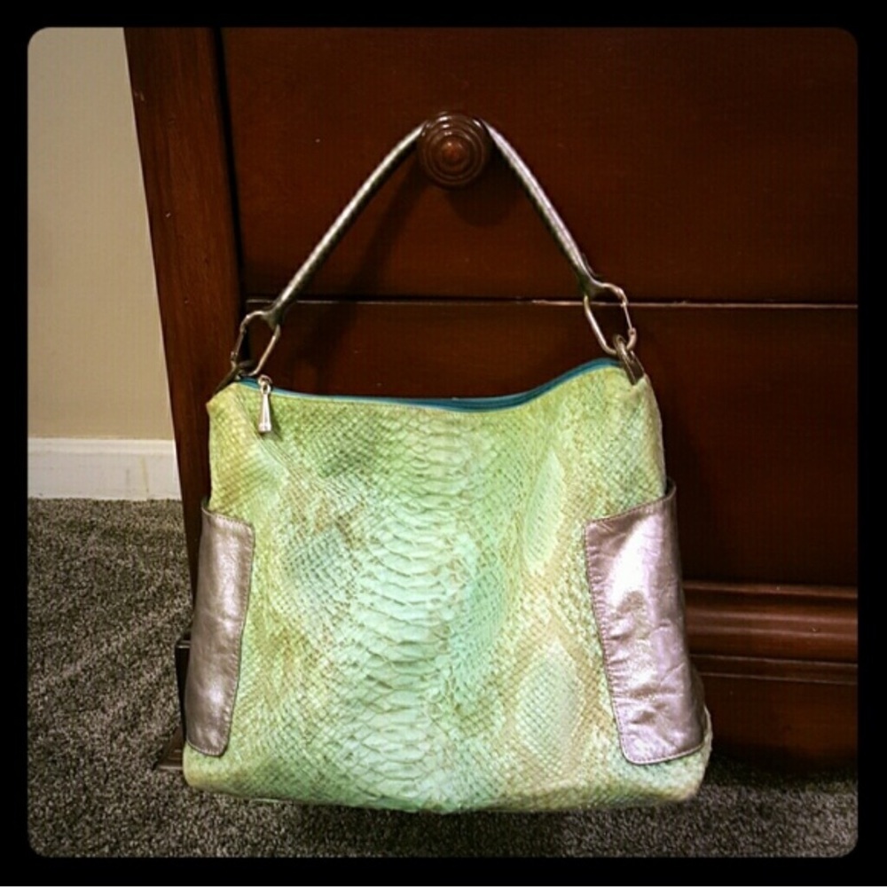 Plinio Visona Italia 1959 Green & Silver Aligátor Leather Pattern Bag. P